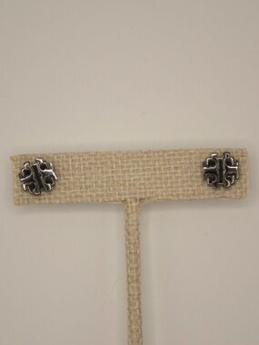 Tory Burch Gunmetal Silver Logo Stud Earrings